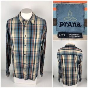 Prana Mens Large Shirt Plaids Check Organic Cotton Multicolor Long Sleeve Casual